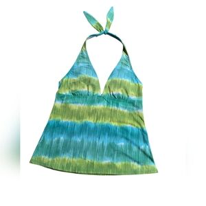 La Blanca Aqua Blue & Yellow Abstract Stripe Swimsuit Tankini Top Size 8 NWOT